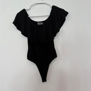 Michael Stars Black Ruffle wide shoulder bodysuit